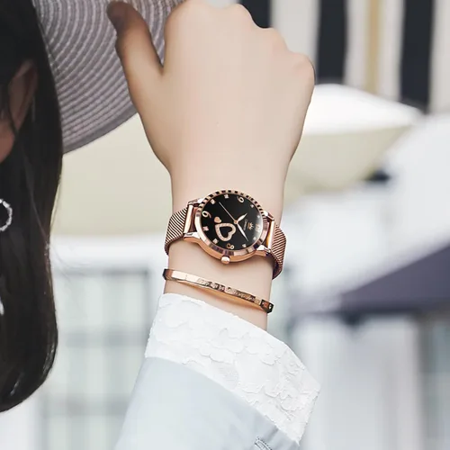 Vista 5 de devaco Reloj de pulsera del cuarzo del diamante del oro rosa del acero inoxidable, reloj de moda de las señoras de la prenda impermeable