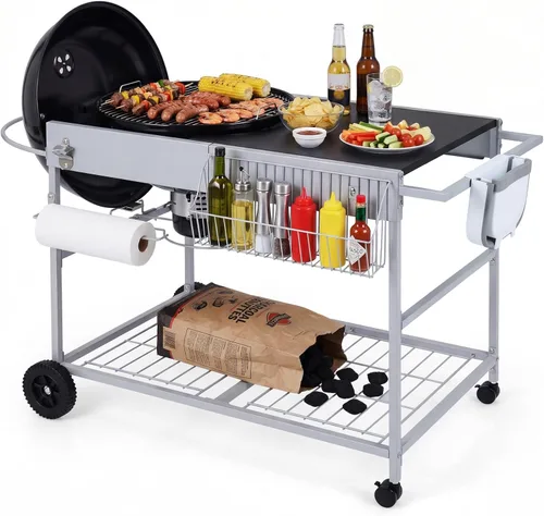 Vista 11 de HAPPYGRILL Carrito de parrilla al aire libre, mesa móvil de preparación de alimentos con parrilla de carbón coreano, panel lateral plegable, 2