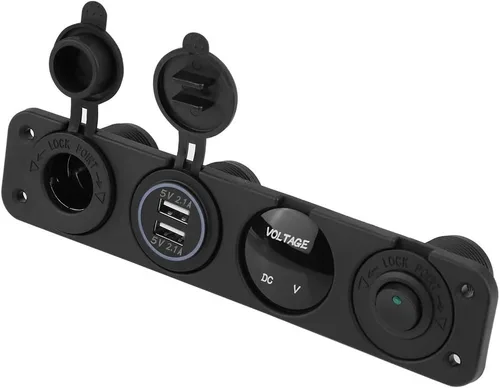 Vista 2 de 12 24V LED Dual USB Voltímetro Encendedor de cigarros Toma de corriente Interruptor de panel de 4 agujeros, toma de corriente dual USB, voltímetro
