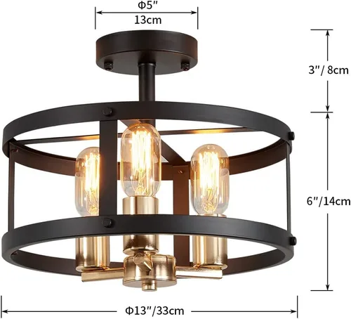 Vista 3 de AGV LIGHTING Lámpara de techo semiempotrada de granja, 3 luces cerca del techo, acabado dorado brillante y negro mate