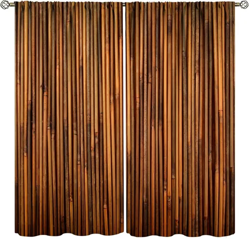 Vista 45 de Cortinas con estampado de bambú verde natural, plantas asiáticas, japonesas, tallos rústicos, hojas, cortina de selva con bolsillo para cortinero