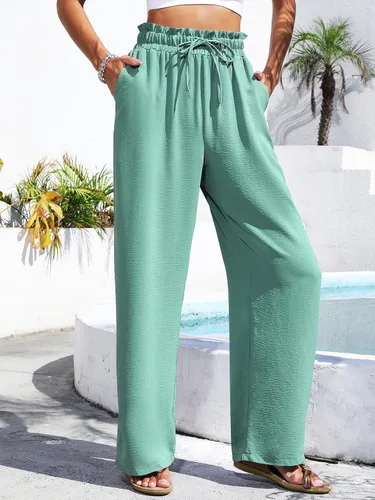 Vista 2 de Pantalones de pierna ancha para mujer, estilo casual, holgados, cintura alta, con cordón, palazzo fowy nudo de corbata, pantalones de descanso