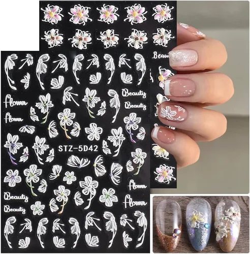 Vista 9 de Calcomanías de arte de uñas de corazón de San Valentín, calcomanías de uñas blancas para el día de San Valentín, calcomanías de uñas autoadhesivas
