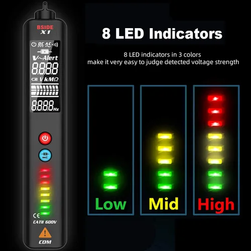 Vista 2 de BSIDE EBTN - Detector de voltaje LCD, pantalla de 3 líneas, sin contacto, probador de voltaje de CA, sensibilidad ajustable, rango dual de Negro