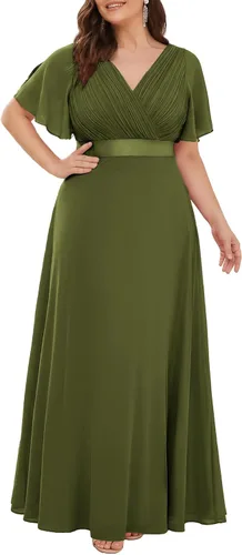Vista 8 de Ever-Pretty Vestidos formales de noche de gasa para mujer con cuello en V de talla grande para mujeres con curvas, vestido de dama de honor de largo