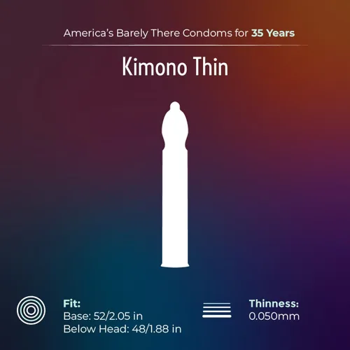Vista 3 de Mayer Laboratories Kimono Condón Delgado 12 Ct Sensación que mejora el rendimiento, sensibilidad mejorada, apto para veganos, sin olor a látex