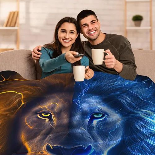 Vista 4 de SARA NELL Manta de león de rayo de fuego y hielo, manta genial para hombres, mujeres, adolescentes y niños, regalo único con estampado de animales