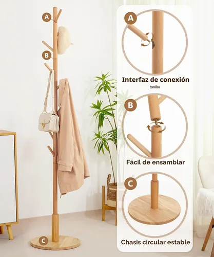 Vista 7 de Cozivolife Perchero de pie, perchero de madera con 9 ganchos y 3 alturas ajustables, abrigo de árbol de madera de haya para dormitorio, oficina
