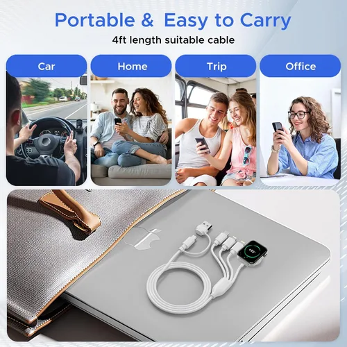 Vista 6 de Cable de carga múltiple 4 en 2 para cargador de Apple Watch, PD20W USB C+A, bloque de carga esencial de viaje con iWatch L/tipo C para iPhone 16 15