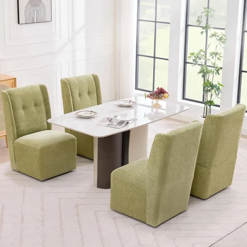 Vista 21 de Silla de comedor con ruedas, moderna silla giratoria tapizada sin brazos con ruedas para cocina, sala de estar (tela beige)