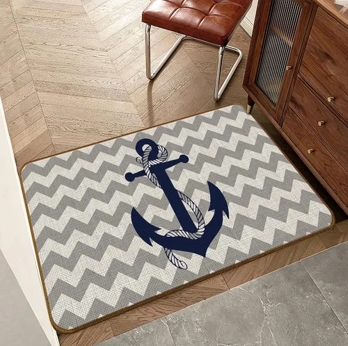 Vista 2 de Tapete de cocina con ancla azul marino náutico, para interiores y exteriores, para decoración náutica, entrada y hogar, tapete antideslizante