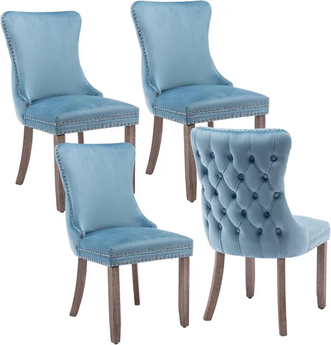 Vista 14 de mikibama Juego de 2 sillas de comedor tapizadas de terciopelo con respaldo de ala, sillas de comedor con patas de madera maciza con botón de cabeza