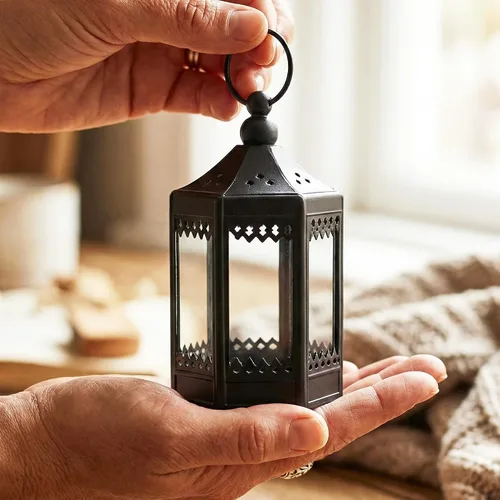 Vista 5 de Vela Lanterns - Portavelas de té, mini centros de mesa, color negro Halloween & Wedding Decor, Decorative Indoor Moroccan Metal Glass Hanging