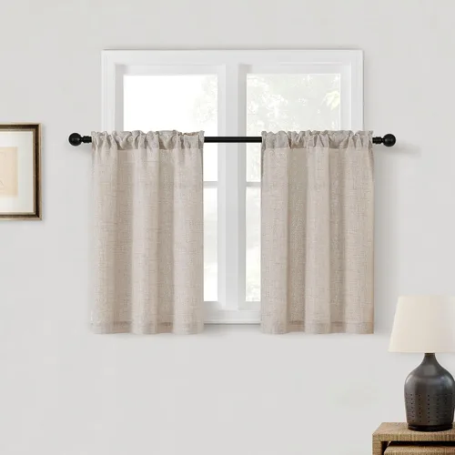 Vista 33 de Cortinas de cocina de lino semitransparente beige de 24 pulgadas de largo, 2 paneles Cream, Cafe Short Curtains, for Bathroom Small Windows, Light