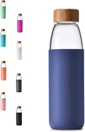 Vista 19 de Botellas de agua de vidrio de borosilicato de 18 onzas con tapa de bambú, sin BPA, funda de silicona antideslizante y tapa a prueba de fugas de Negro