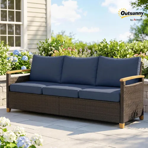 Vista 2 de Outsunny Sofá de 3 plazas para exteriores, sofá de mimbre PE para patio con asientos profundos amplios, cojines de espuma de 4 pulgadas Beige