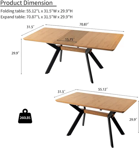 Vista 2 de HIPIHOM Mesa de comedor extensible de roble de 55-71" para cocina Mesa de roble