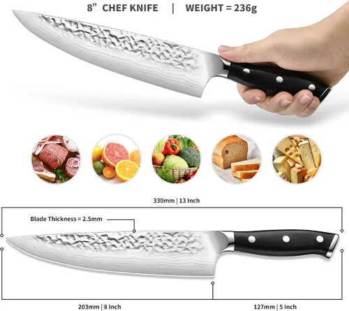 Vista 2 de Cuchillo de chef japonés de acero 7CR13 de 8 pulgadas, mango de madera de Pakka negra con triple remache con proceso de forja extra, regalos