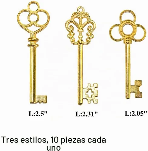 Vista 2 de Juego mixto de 30 llaves de esqueleto grandes, juego de 30 llaves Oro envejecido