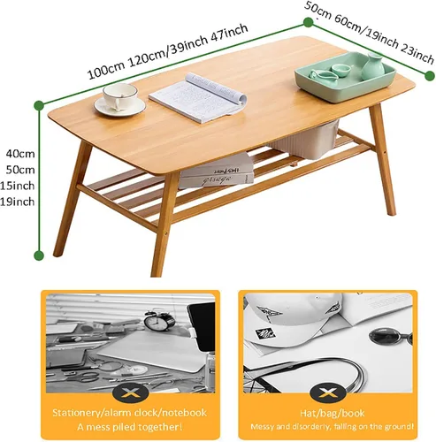 Vista 3 de HM&DX Mesa auxiliar de bambú, mesa auxiliar rectangular con estante abierto de almacenamiento, mesa de centro de 2 niveles, mesa central de mediados