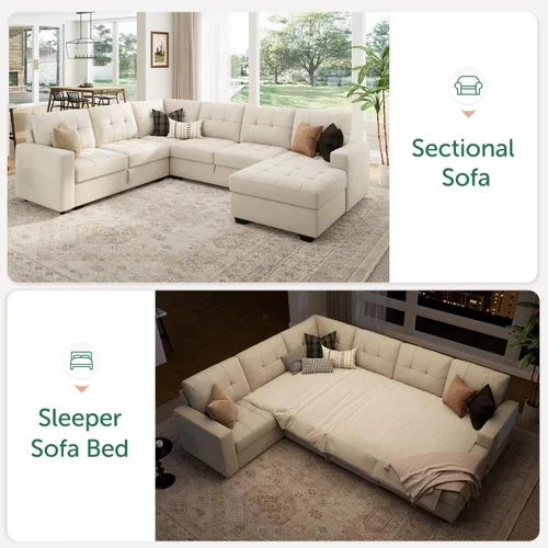 Vista 5 de HONBAY Sofá Seccional Cama Extraíble, Sofá Seccional en Forma de U con Chaise de Almacenamiento, Sofá Cama para Sala de Estar, Beige