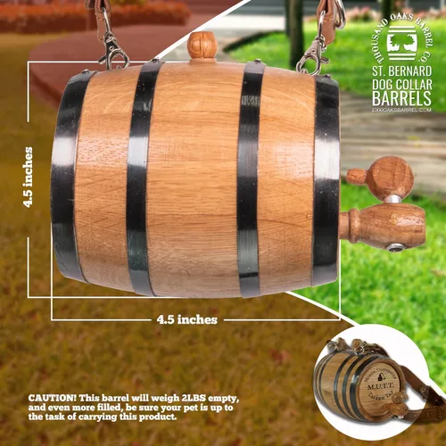 Vista 5 de St Bernard - Collar de barril de whisky para perro, 'M.U.T.T.' - Dispensador de barril de roble de 1/2 litro para perros San Bernardo con correa