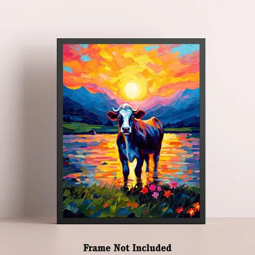 Vista 5 de Bestbuddy Pet 8 x 10 sin marco noche estrellada Van Gogh inspirado vaca lechera junto al lago Flores Granja Animal Leche Vaca Ganado Familia Pintura
