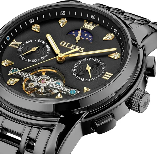 Vista 2 de OLEVS Relojes automáticos para hombre, impermeable, vestido de lujo, cuerda automática, esqueleto mecánico, tourbillon, fase lunar, acero