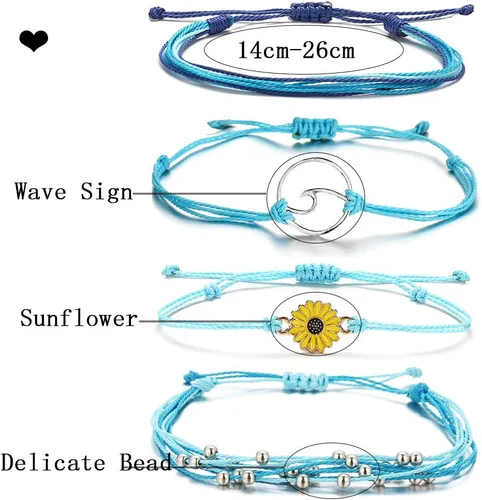 Vista 6 de Brazaletes impermeables de cuerda, para verano, con ola, brazalete para amistad, hecho a mano, para niña