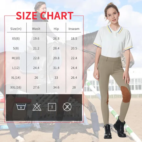 Vista 6 de beroy Pantalones de equitación ecuestre con forro polar para niños, pantalones de invierno para niñas y niños, con parche en la rodilla, pantalones