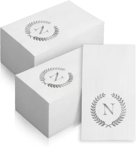 Vista 8 de Paquete de 200 servilletas desechables con monograma de papel de aluminio plateado con letra M, servilletas de mano desechables con inicial