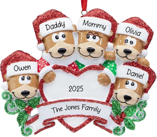 Vista 8 de Adorno de Navidad personalizado de familia de 5 con corazón de oso negro 2026 Padres e hijos personalizados para el árbol de Navidad Recuerdo