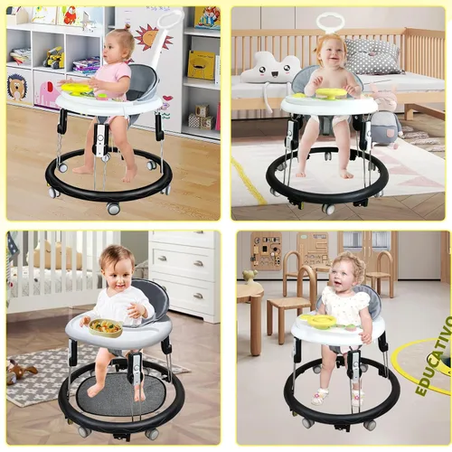Vista 9 de Andador plegable para bebés con ruedas, caminantes portátiles 5 en 1 para Altura ajustable, bandeja de música, 2 asientos lavables, reposapiés
