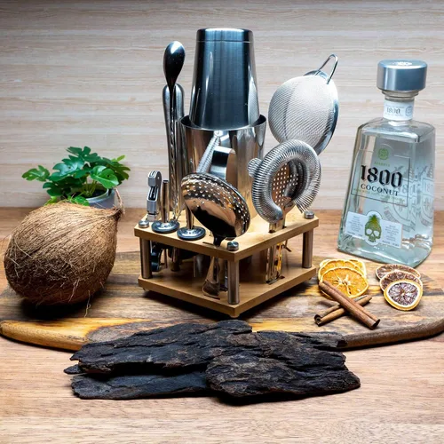 Vista 4 de Kit de camarero: juego de coctelera de acero inoxidable de 18 piezas Herramientas profesionales de barra premium con soporte giratorio de bambú