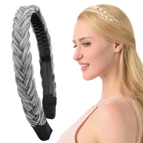 Vista 37 de Ancho de 1.5 cm Banda de pelo sintético trenzada estrecha con dientes para mujeres y niñas (Negro)