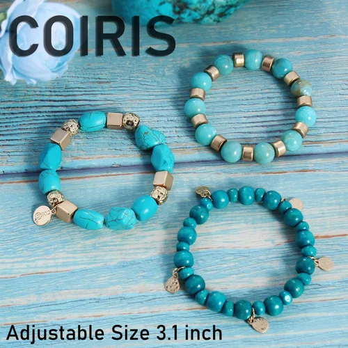 Vista 6 de Coiris 3 piezas de cuentas de turquesa grande Strand turquesa pulsera para niñas (BR-1226), Sin gemas.