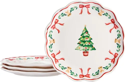 Vista 8 de Bico Juego de 4 platos de ensalada de gnomos de Navidad, platos de postre de cerámica de 8.75 pulgadas para ensalada, aperitivo, guarniciones