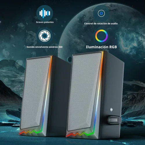 Vista 4 de Uakinat Altavoces de computadora, altavoces de escritorio con varios LED coloridos, altavoces para juegos con control de volumen, para PC