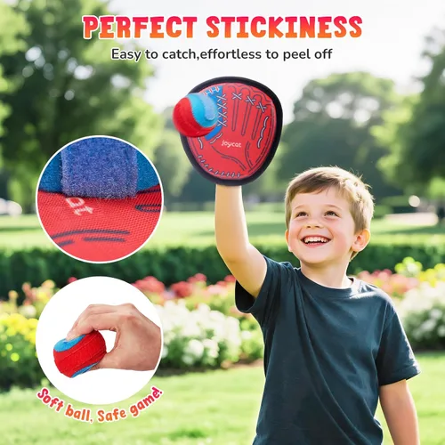 Vista 4 de JoyCat Juego de pelota de lanzar y atrapar, juego de 2 bolas adhesivas para adultos y 2 niños, juego familiar para atrapar al aire libre para playa