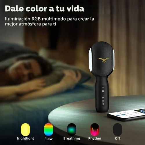 Vista 7 de Micrófono inalámbrico Bluetooth para karaoke, micrófono portátil 5 en 1 con altavoz y luces RGB dinámicas, mini máquina de karaoke para viajes