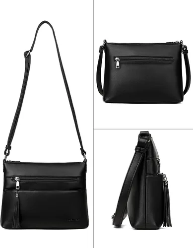Vista 6 de MASINTOR Bolsos cruzados para mujer, bolso cruzado ligero y mediano, de cuero suave, bolsos de hombro para mujer con borla, Negro puro, Bandolera