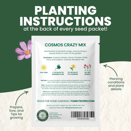 Vista 4 de Crazy Cosmos Mix - Sobre grande de 0.18 oz - 600 semillas de flores para plantar - Cosmos bipinnatus