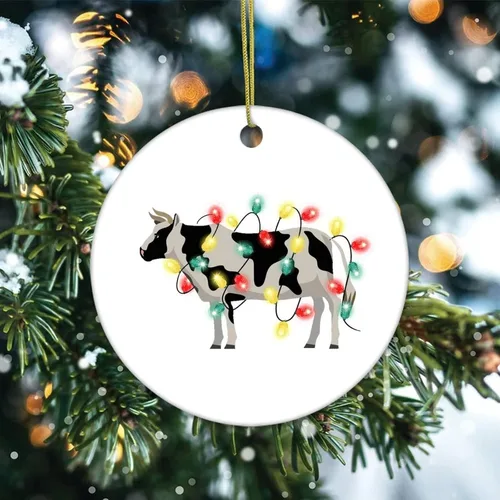 Vista 2 de Adornos para árbol de Navidad, animales y luces, adorno de Navidad de vaca, adorno de recuerdo, decoración del hogar, colgantes colgantes redondos
