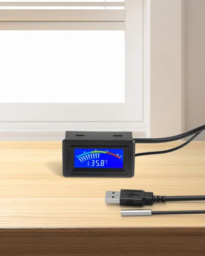 Vista 5 de Keynice. Sensor de temperatura termómetro. Fuente de poder, fahrenheit, grado y grados celsius. Pantalla lcd. Negra