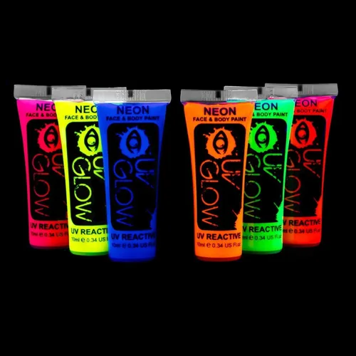 Vista 2 de Pintura flurorescente para rostro y cuerpo 0.34 onzas, Set de 6 tubos de pintura, Fluorescente de neón