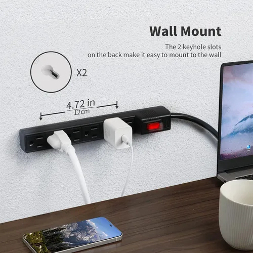 Vista 5 de PLUGTUL Paquete de 2 protectores de sobretensiones con 6 tomas de corriente y cable de extensión de 2 pies, 1875 W/15 A, 90 julios, protección Negro