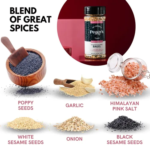 Vista 4 de My Secrets Peggy's Food Everything Bagel Seasoning - Mezcla prémium con sal rosa del Himalaya, semillas de amapola y ajo, cobertura crujiente