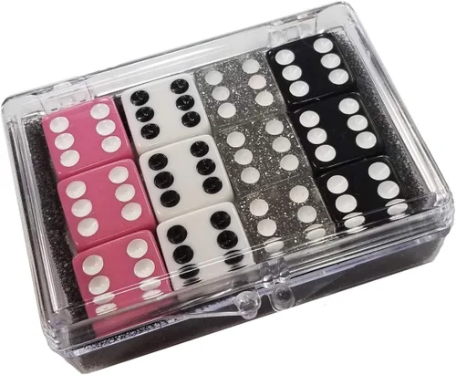 Vista 2 de Juego de 12 dados opacos - Jugar Bunco - Rosa - Blanco - Negro - Plata - Caja acrílica