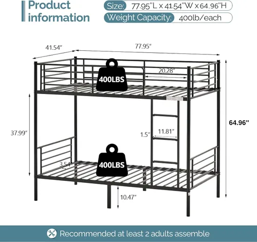 Vista 2 de Bonnlo Litera individual sobre individual para niños, adolescentes y adultos, cama resistente de 2 pisos con escalera plana y barandilla de 13