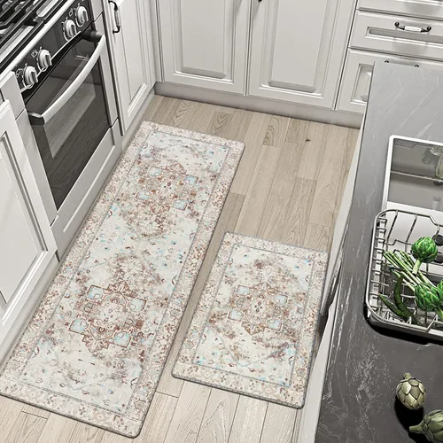 Vista 9 de Cekene Juego de 2 alfombras y tapetes acolchados para cocina, antifatiga, tapetes de cocina para piso, tapetes de cocina estilo bohemio de granja